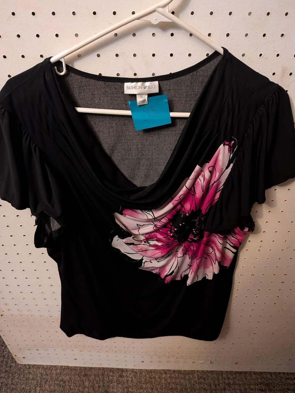 Fashion Bug Women's Black Short Sleeve Blouse with Pink Floral Print Detail and
